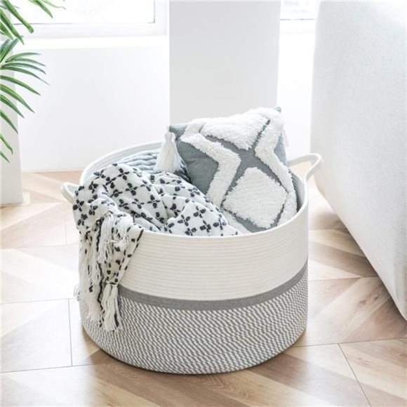 XXL Extra Large Cotton Rope Woven Basket, Throw Blanket Storage Basket w/ Handle - Picture 5 of 9